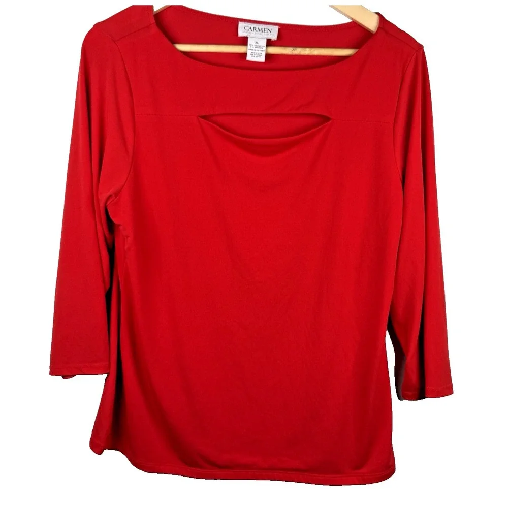 Vintage 00's y2k CARMEN MARC VALVO Red Keyhole Top Blouse‎ Stretch Women XL NEW - Picture 2 of 5